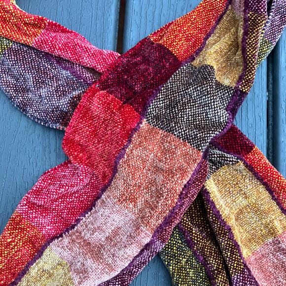 Red orange plaid patchwork scarf, cozy fall preppy light academia teacher - Picture 2 of 7